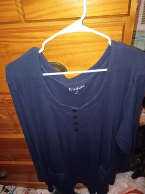 Roaman's Navy Button-Detail Long Sleeve Top with Pockets